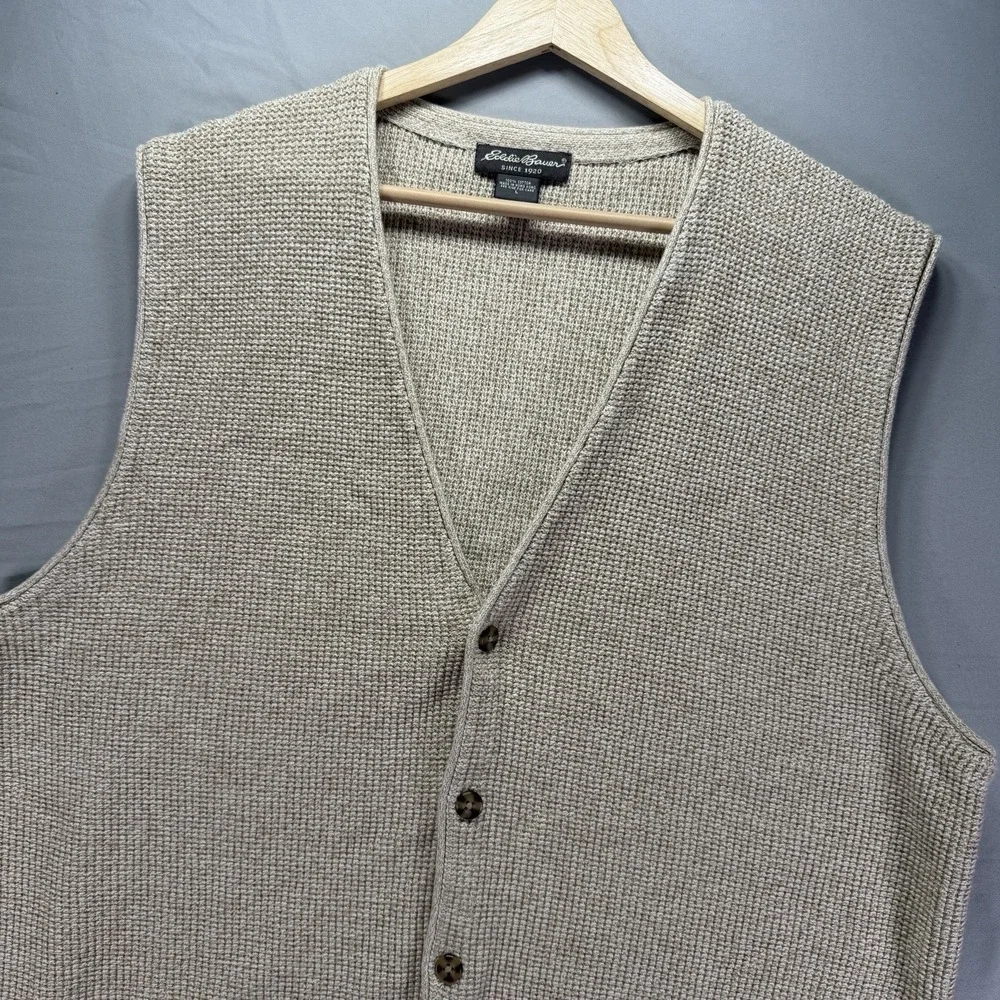 Eddie Bauer Knit Sweater Vest Mens Large Cotton Button Up Grandpa Cabin Cottage